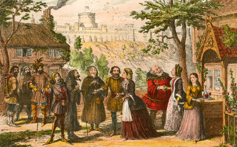 Sir John Falstaff på besøk hos sin venn Page, i Windsor av George Cruikshank