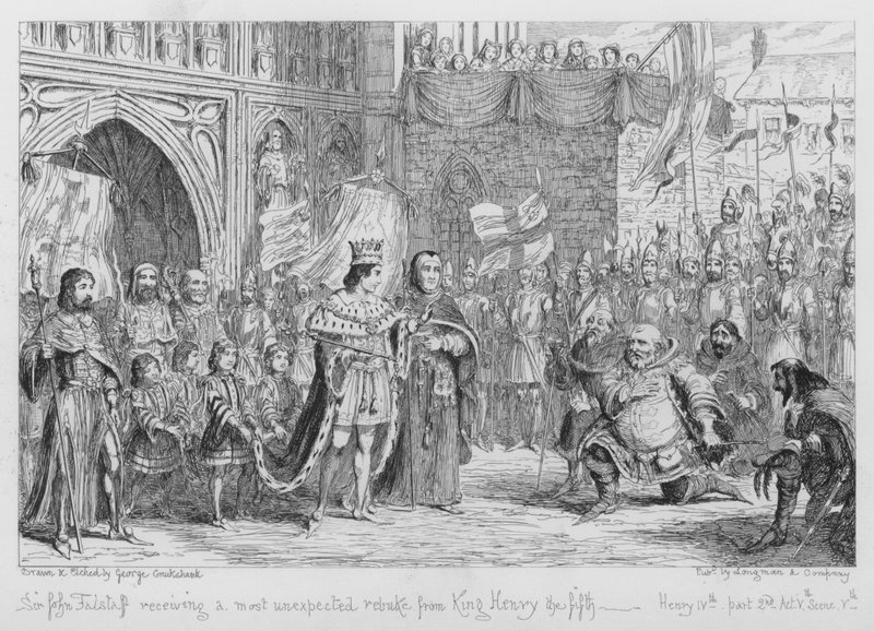 Sir John Falstaff mottok en høyst uventet irettesettelse fra kong Henry den femte av George Cruikshank