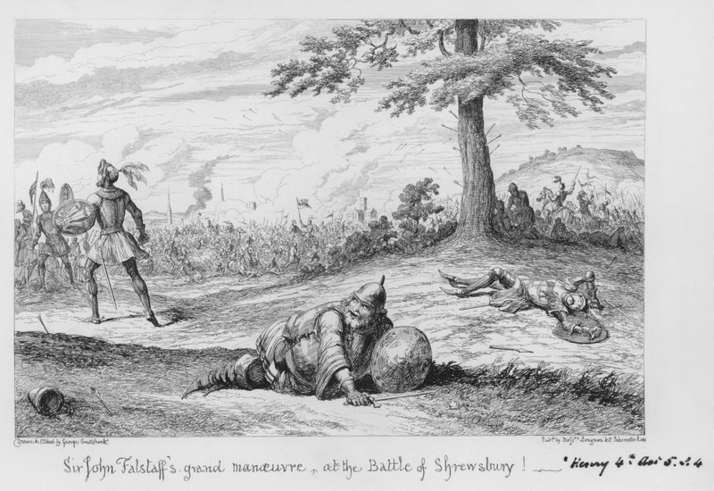 Sir John Falstaffs store manøver i slaget ved Shrewsbury! av George Cruikshank