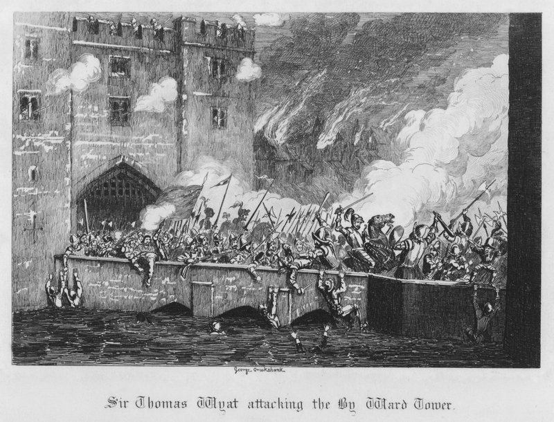 Sir Thomas Wyatt angriper Byward Tower (gravering) av George Cruikshank