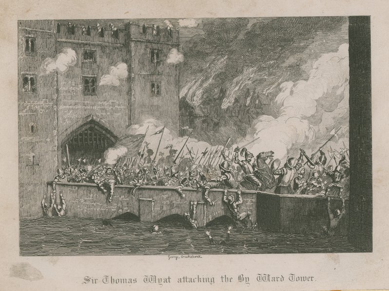 Sir Thomas Wyatt angriper Byward Tower av George Cruikshank