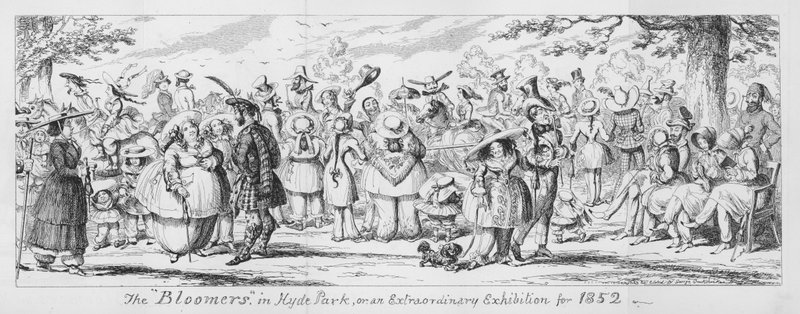 Bloomers i Hyde Park, eller en ekstraordinær utstilling for 1852 (gravering) av George Cruikshank