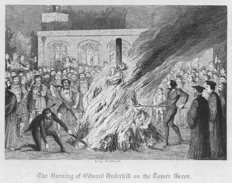 Brenningen av Edward Underhill på Tower Green (gravering) av George Cruikshank