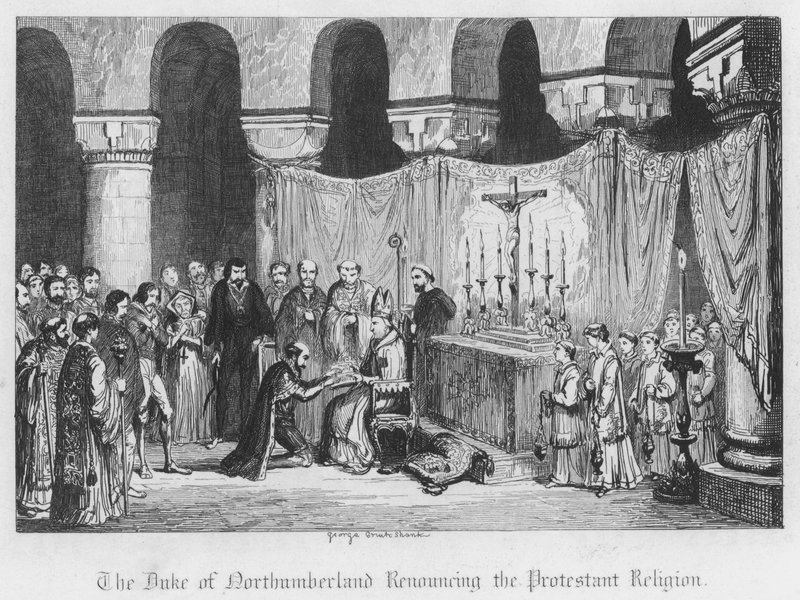 Hertugen av Northumberland gir avkall på den protestantiske religionen (gravering) av George Cruikshank