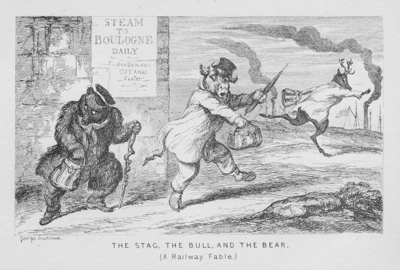Hjorten, oksen og bjørnen, en jernbanefabel (gravering) av George Cruikshank