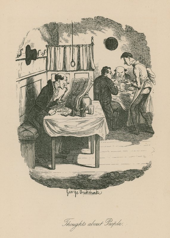 Tanker om mennesker, muligens basert på en scene fra Sketches by Boz (Charles Dickens) av George Cruikshank