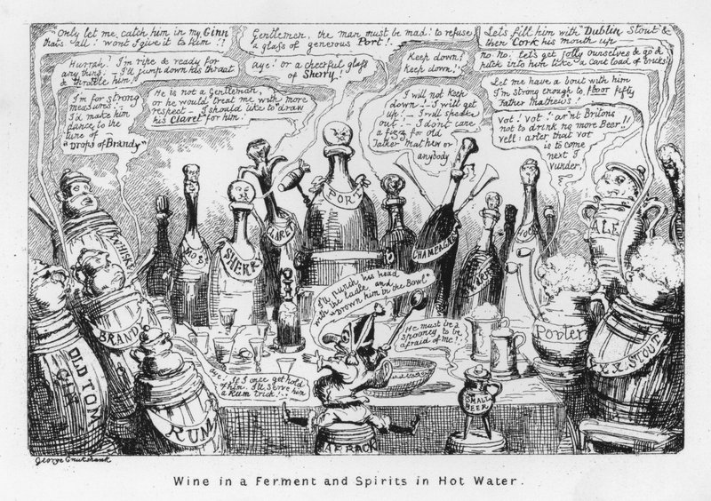 Vin i gjæring og brennevin i varmt vann (gravering) av George Cruikshank