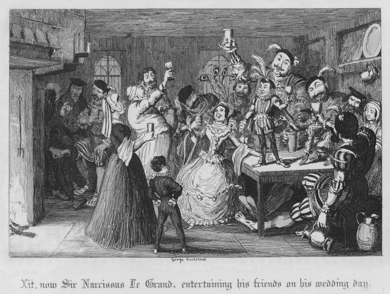 Xit, nå Sir Narcissus Le Grand, underholder vennene sine på bryllupsdagen (gravering) av George Cruikshank