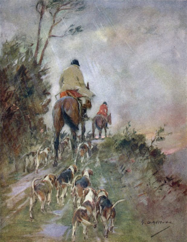 Illustrasjon for historien om en rød hjort (farge litho) av George Denholm Armour
