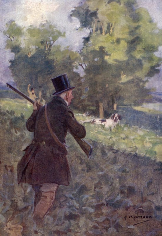 Gammeldags rapphøneskyting (farge litho) av George Denholm Armour