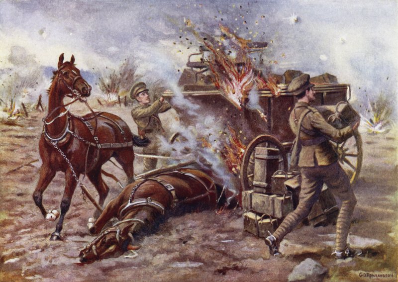 Fungerende Bombardier HA Creasey hjalp til med å losse en brennende ammunisjonsvogn under svært kraftig granatild, Potijze, nær Ypres, 25. april 1915 av George Derville Rowlandson