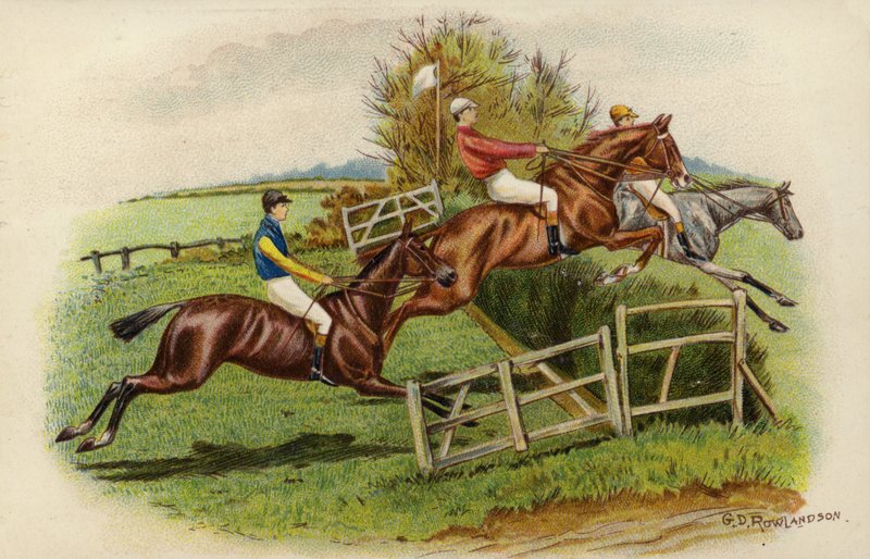 Veddeløpshester hopper et hinder av George Derville Rowlandson
