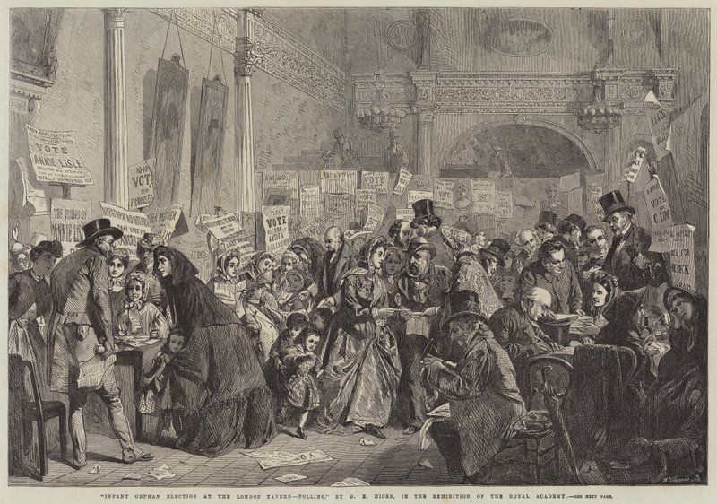 Foreldreløse spedbarnsvalg på London Tavern, Polling av George Elgar Hicks