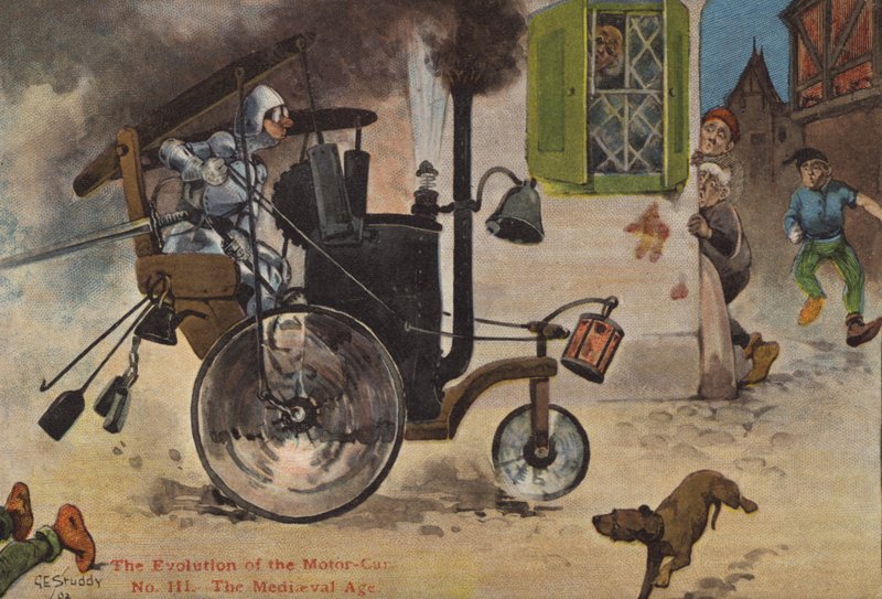 Utviklingen av motorbilen: middelalderen (farge litho) av George Ernest (after) Studdy