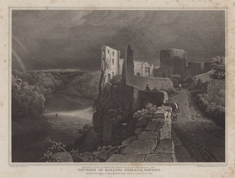 Barnard Castle, Durham, fødestedet til John Balliol, grunnlegger av Balliol College, Oxford (gravering) av George Fennel (after) Robson