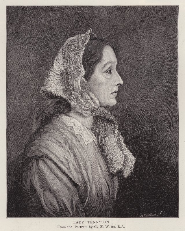 Portrett av Emily Tennyson, Lady Tennyson, kone til den engelske poetprisvinneren Alfred, Lord Tennyson (litho) av George Frederick (after) Watts