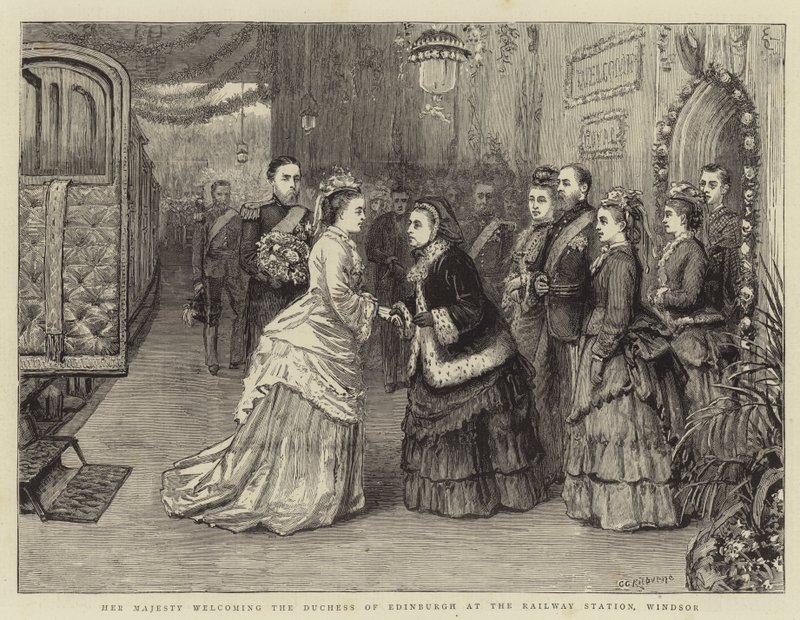 Hennes Majestet ønsker hertuginnen av Edinburgh velkommen på jernbanestasjonen, Windsor av George Goodwin Kilburne