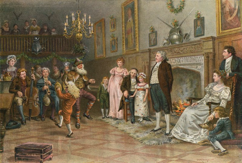 Interiør i Squires Ancestral Hall: Country Mummers Giving a Christmas Entertainment av George Goodwin Kilburne