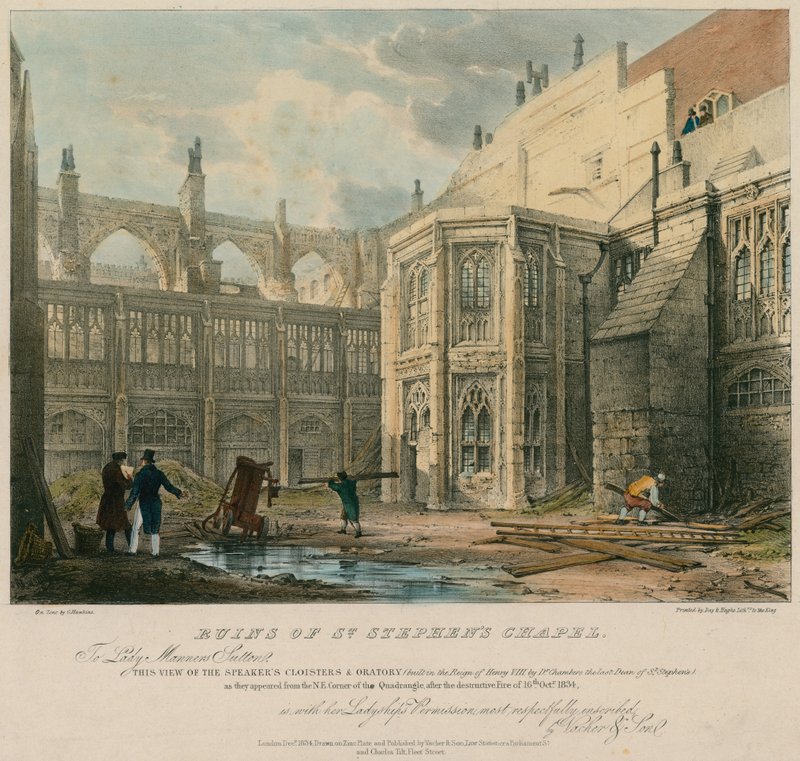 Ruinene av St Stephen's Chapel etter den destruktive brannen 16. oktober 1834 av George Hawkins