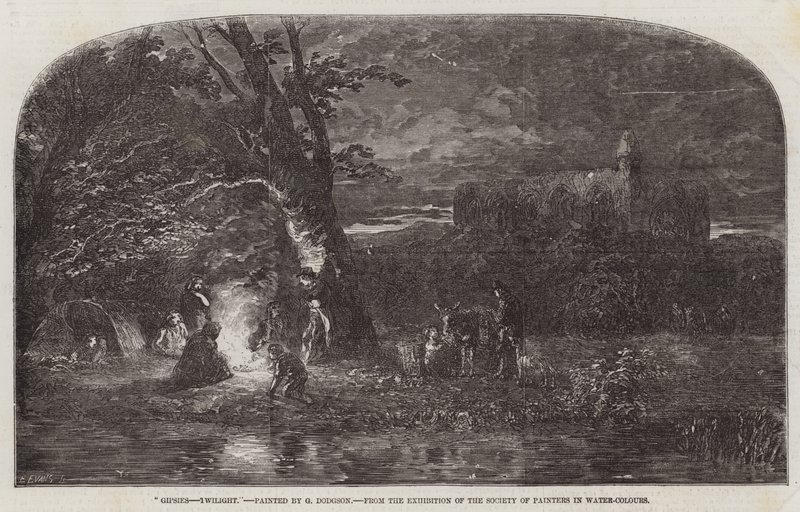 Sigøynere, Twilight, fra utstillingen til Society of Painters in Water-Colours av George Haydock Dodgson
