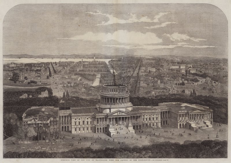 Fugleutsikt over byen Washington, med Capitol i forgrunnen av George Henry Andrews
