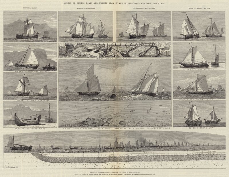 Modeller av fiskebåter og fiskeutstyr i den internasjonale fiskeriutstillingen av George Henry Andrews