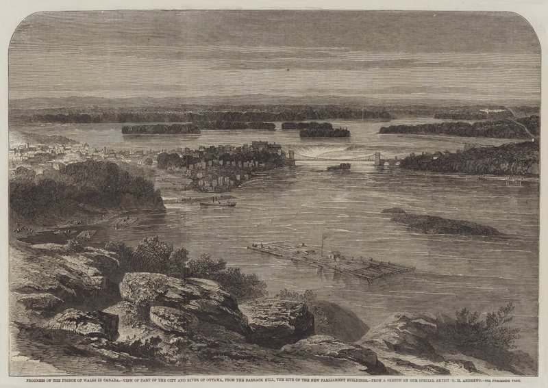 Fremgangen til Prince of Wales i Canada, utsikt over en del av byen og elven i Ottawa, fra Barrack Hill, stedet for de nye parlamentsbygningene av George Henry Andrews