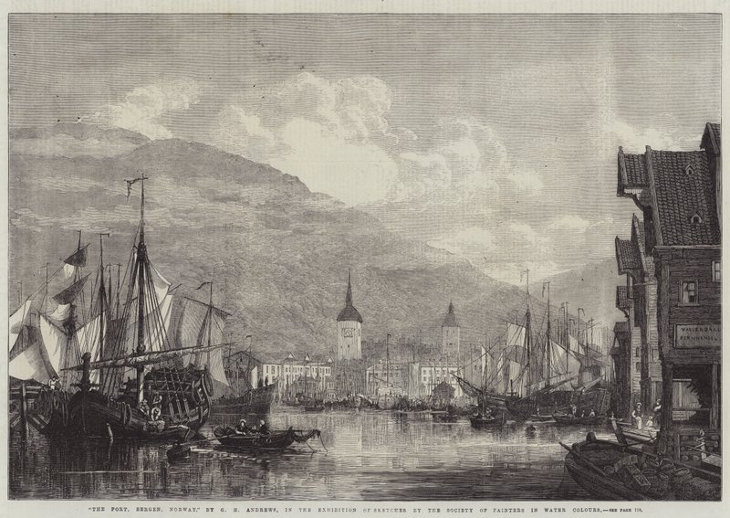 Havnen, Bergen, Norge av George Henry Andrews