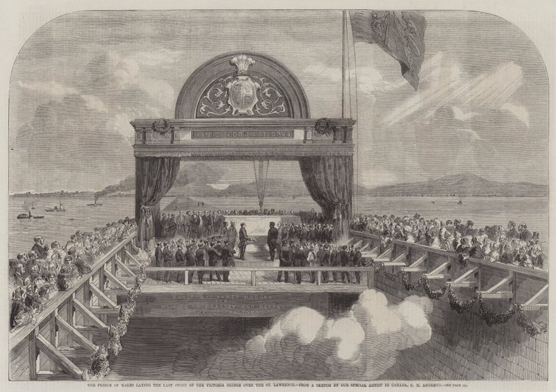Prinsen av Wales legger den siste steinen til Victoria-broen over St Lawrence av George Henry Andrews