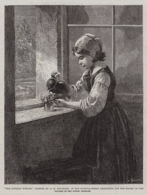 Hyttevinduet, i Suffolk-Street-utstillingen for lindring av nøden i Cotton-distriktene av George Henry Boughton