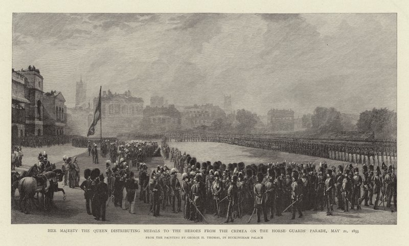 Hennes Majestet Dronningen deler ut medaljer til heltene fra Krim på hestevaktens parade, 21. mai 1855 av George Housman Thomas