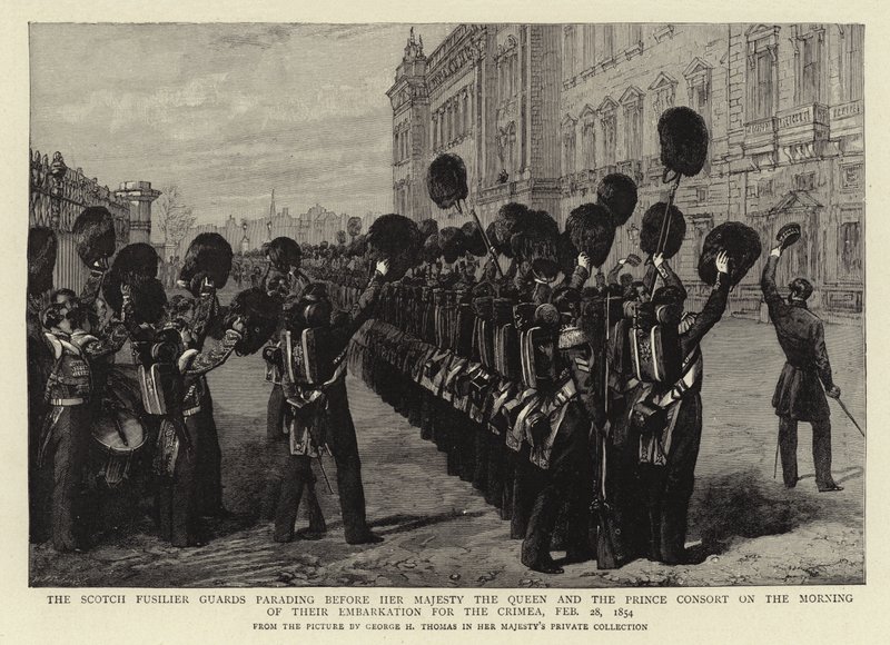 The Scotch Fusilier Guards paraderer foran Hennes Majestet Dronningen og Prinsgemalen om morgenen deres ombordstigning for Krim, 28. februar 1854 av George Housman Thomas