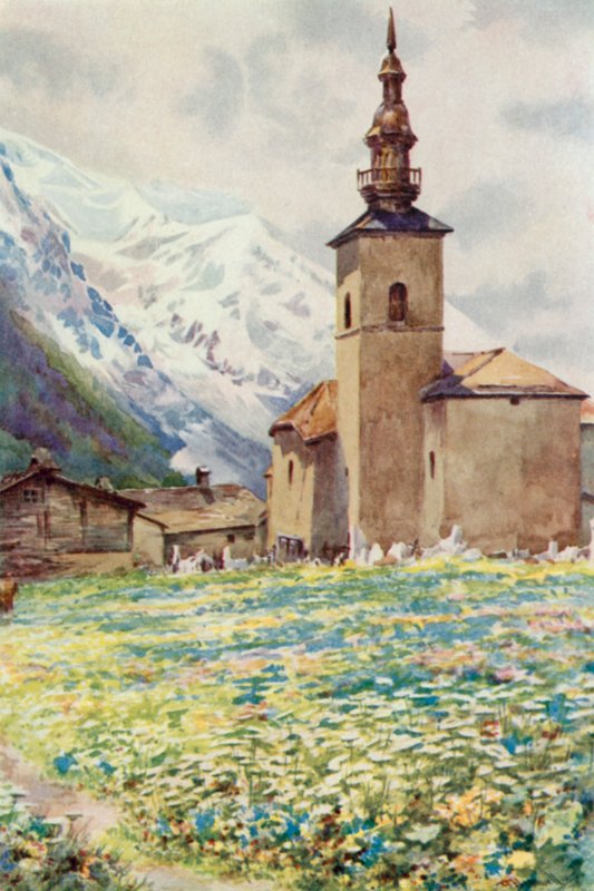 Mont Blanc og kirken Argentiere (farge litho) av George Jackson Flemwell
