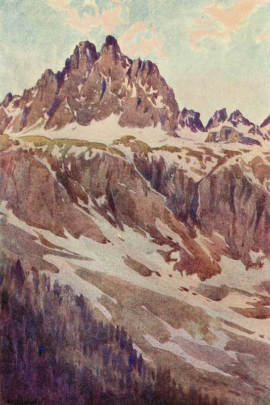 Aiguilles Rouges, en mai-kveld (farge litho) av George Jackson Flemwell