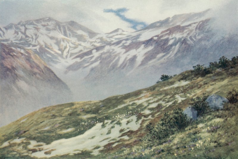 Col De Balme fra Le Planet, over Argentiere (farge litho) av George Jackson Flemwell