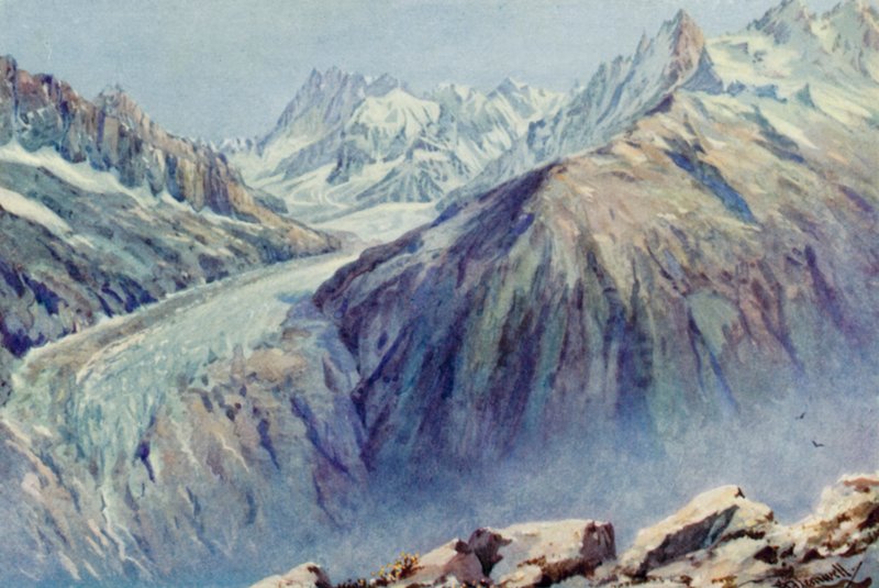 Mer De Glace fra La Flegere (farge litho) av George Jackson Flemwell