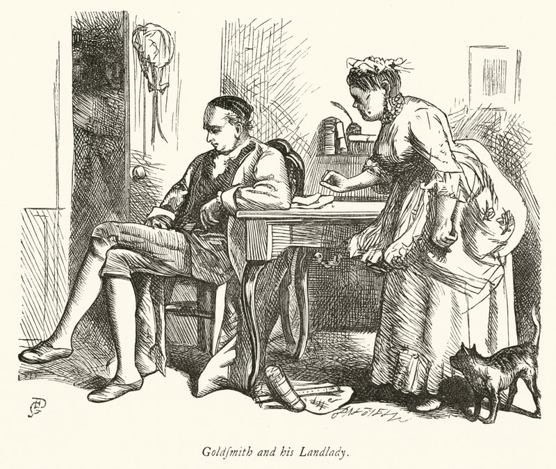 Oliver Goldsmith og hans utleier (gravering) av George John Pinwell