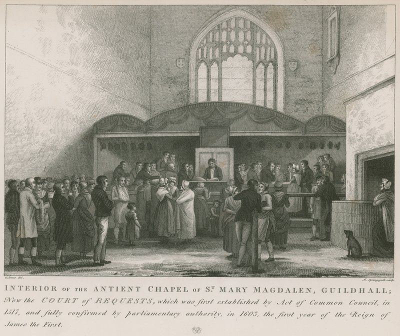 Interiøret i det gamle kapellet til St Mary Magdalene, Guildhall (gravering) av George Jones