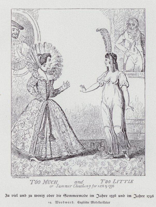 For mye og for lite, sommerklær for 1556 og 1796 (litho) av George Moutard (after) Woodward