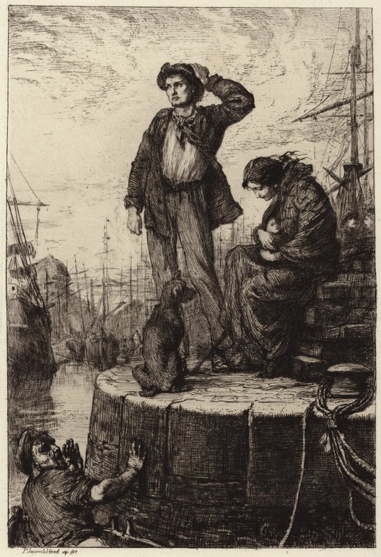 En ung emigrantfamilie venter ved kaien av George Percy Jacomb Hood