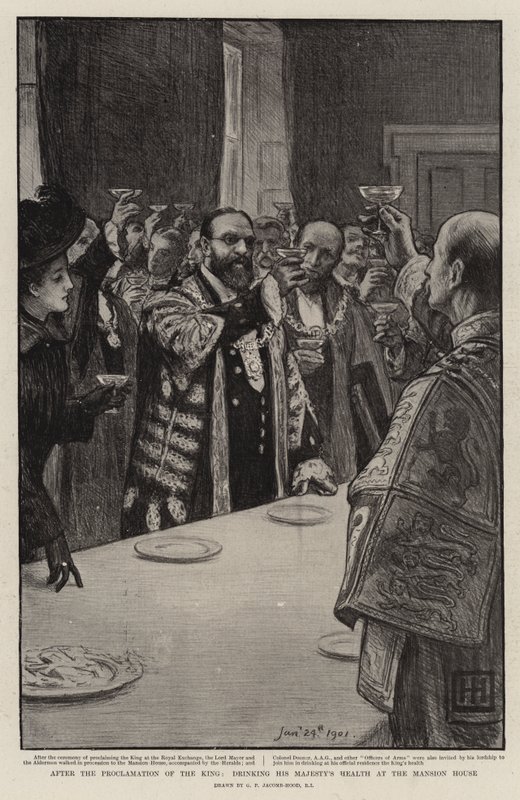 Etter kongens proklamasjon, drikker Hans Majestets helse på herskapshuset av George Percy Jacomb Hood