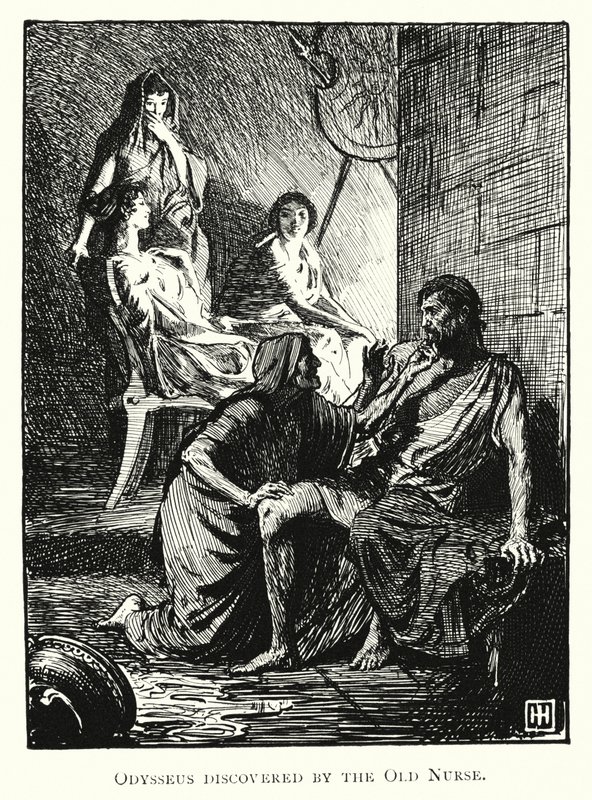 Odyssey: Odysseus oppdaget av den gamle sykepleieren (gravering) av George Percy Jacomb Hood