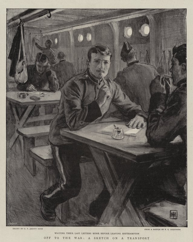 Av til krigen, en skisse på en transport av George Percy Jacomb Hood