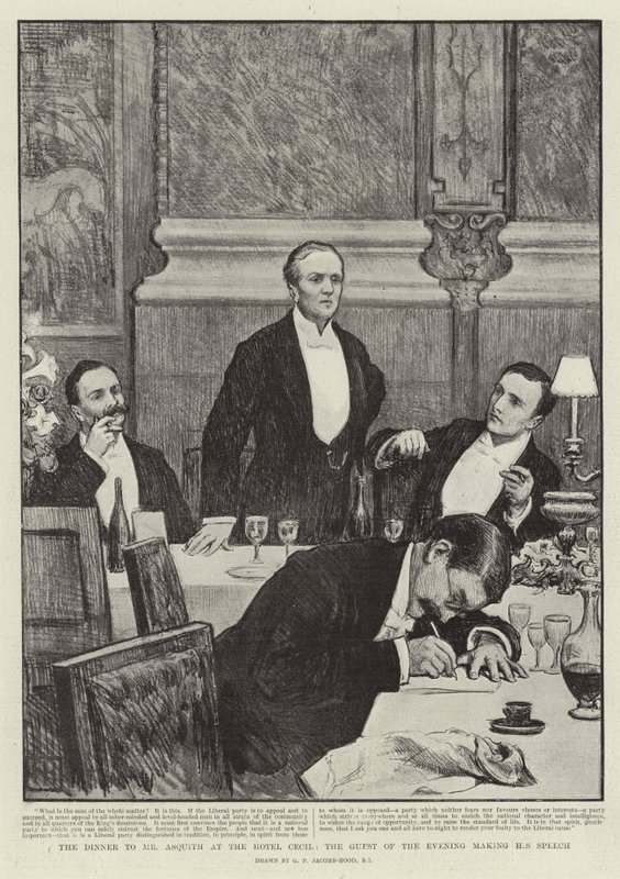 Middagen til Mr Asquith på Hotel Cecil, kveldens gjest som holder sin tale av George Percy Jacomb Hood