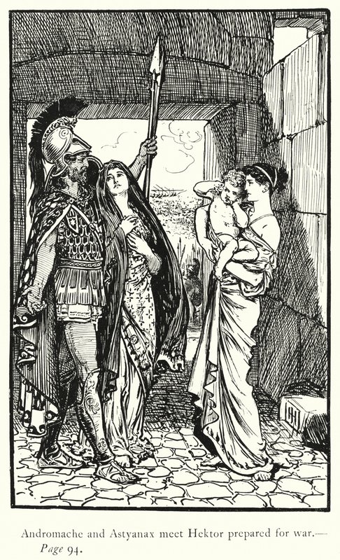 Iliaden: Andromache og Astyanax møter Hektor forberedt på krig (gravering) av George Percy Jacomb Hood
