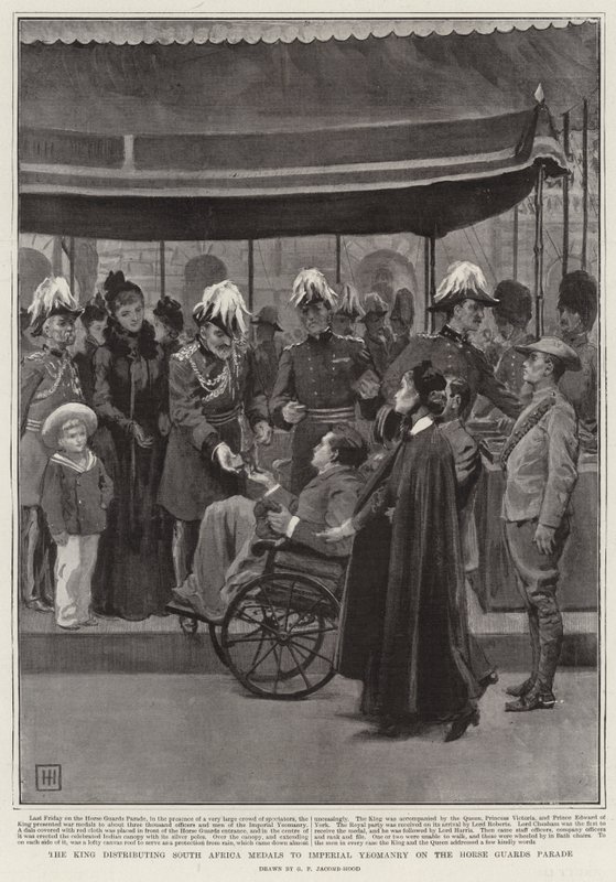 Kongen deler ut Sør-Afrika-medaljer til Imperial Yeomanry på Horse Guards Parade av George Percy Jacomb Hood