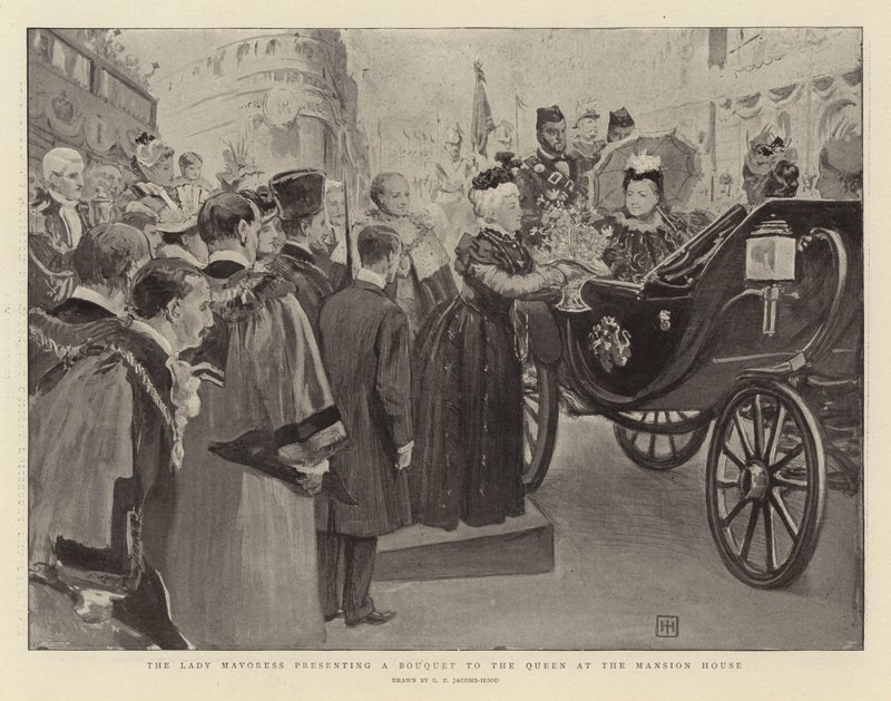 The Lady Mayoress presenterer en bukett til dronningen på Mansion House av George Percy Jacomb Hood