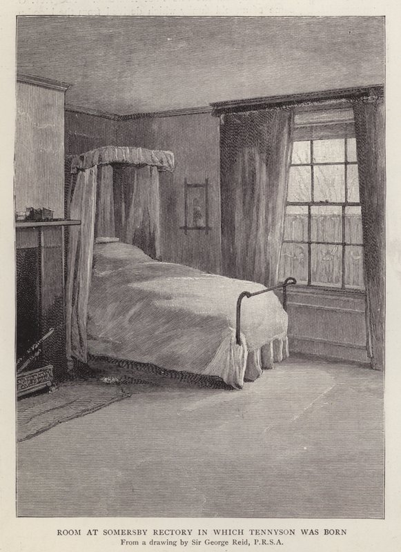 Rom på Somersby Rectory, Lincolnshire, der den engelske poeten Alfred, Lord Tennyson ble født i 1809 (litho) av George Reid