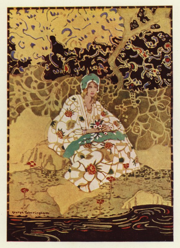 En veldig vakker jente som sitter på bredden av bekken (farge litho) av George Sheringham