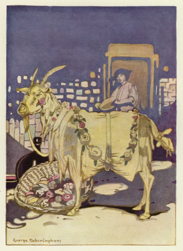 Han kjøpte en stor mengde mat, la den i en kurv og bar den til dyregården (farge litho) av George Sheringham